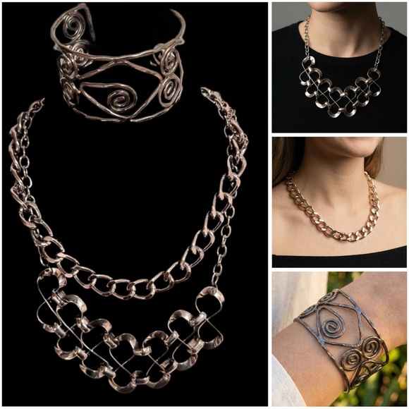 JFH Jewelry - Jewelry Bundle (3), 2 Chain Necklaces & 1 Cuff Spiral Bracelet Gunmetal Handmade